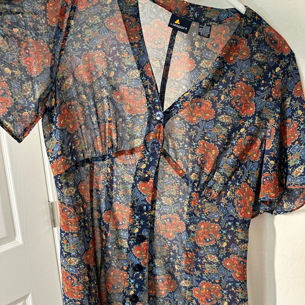 Vintage Lizsport Sheer Navy Blue Boho Floral Paisley Button Up Dress, Size 8